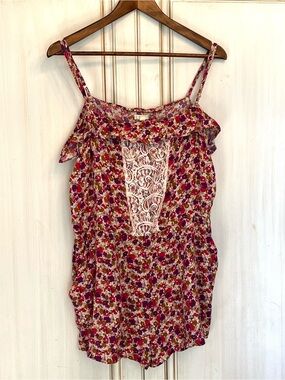 Forever 21 I Love H81 Floral Romper Size L Lace Front Spaghetti Strap Pockets